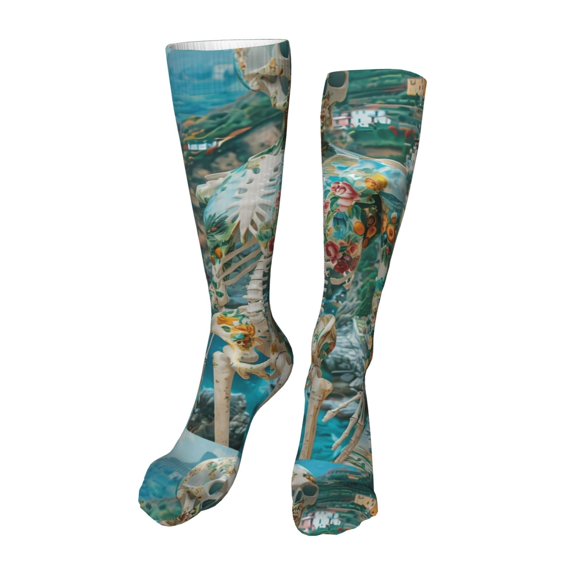 Rocae Vintage Print Island Skull Novelty Casual compression Socks For Women Men Contrast Color Stockings