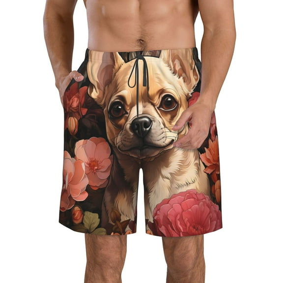 Rocae Vintage Red Flower Chihuahua for Men's Beach Shorts Casual Elastic Waist Drawstring Summer Beach Shorts,S-3XL-Small