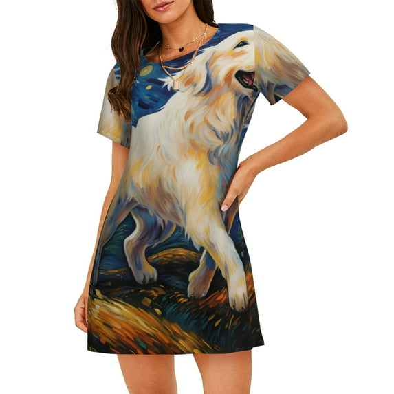 Rocae Vintage Starry Sky Labrador for Nightgowns for Women Sleep Shirts Short Sleeve Nightshirt Pullover Nightdress