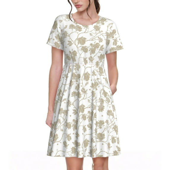 Rocae Vintage Stylized White Color for Dresses Summer Casual Ruffle Short Sleeve Cute Crew Neck Flowy Dress with Pockets