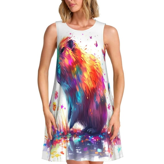 Rocae Watercolor Butterfly Guinea Pig for Sleeveless Dresses Summer Casual Ruffle Sleeveless Cute Crew Neck Flowy Dress with Pockets