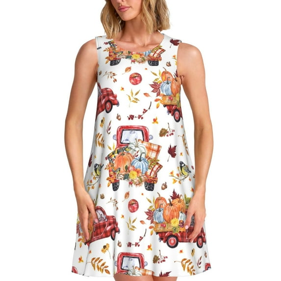 Rocae Watercolor Fall for Sleeveless Dresses Summer Casual Ruffle Sleeveless Cute Crew Neck Flowy Dress with Pockets