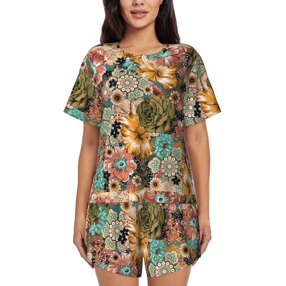 Rocae Watercolor Flower for Two Piece Sleepwear Pajamas Sets for Women Soft Short-Sleeved Pjs with Lounge Shorts Large