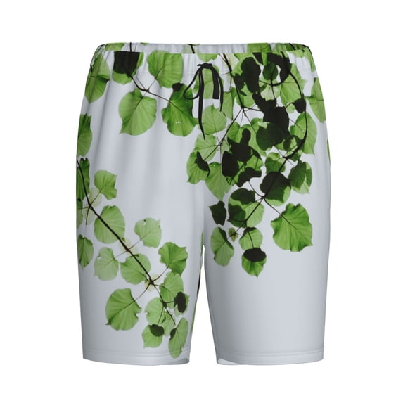 Rocae Watercolor Green Leaves for Men's Soft Sleep Pajama Shorts, Waistband and Pockets