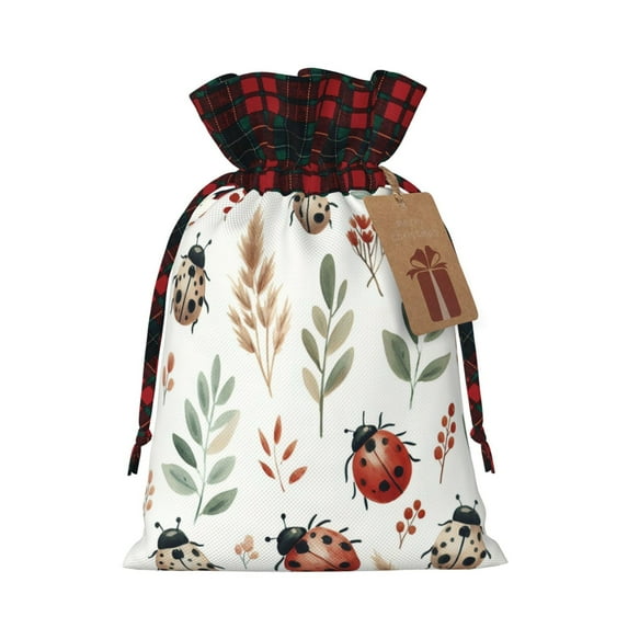 Rocae Watercolor Ladybug Print Christmas Drawstring Linen Gift Bag with Drawstrings Treat Bag Goody Present Bags for Christmas Party Favor