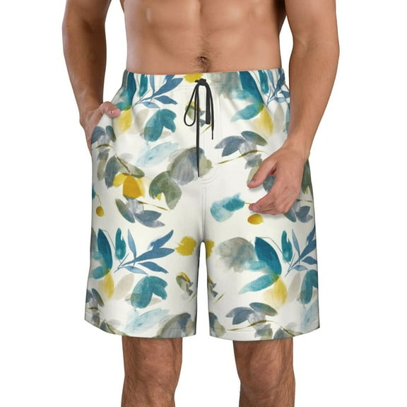 Rocae Watercolor Leaves for Men's Beach Shorts Casual Elastic Waist Drawstring Summer Beach Shorts,S-3XL-Large
