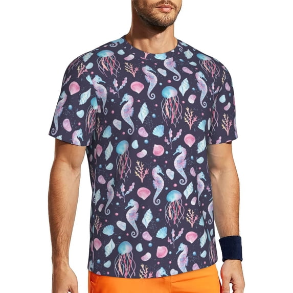 Rocae Watercolor Marine Animals for Men's Mesh Quick-Dry Short Sleeve Workout T-Shirt,Mens Crew Neck Tee Lightweight Soft Classic T Shirts 6X-Large
