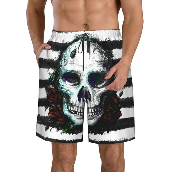 Rocae Watercolor Skull for Men's Beach Shorts Casual Elastic Waist Drawstring Summer Beach Shorts,S-3XL-Medium