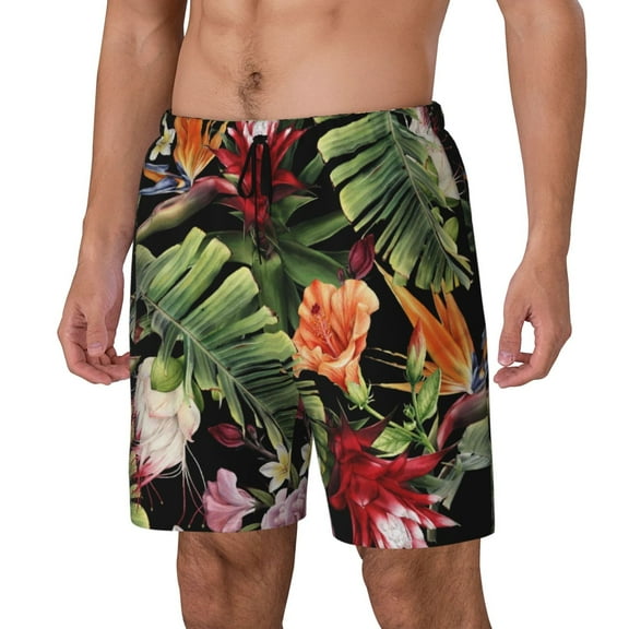 Rocae Watercolor Tropical Flowers for Men's Swim Trunks Quick Dry With Two Side Pockets and One Lined Patch PocketSmall