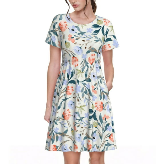Rocae Watercolor Wildflowers 1 for Dresses Summer Casual Ruffle Short Sleeve Cute Crew Neck Flowy Dress with Pockets