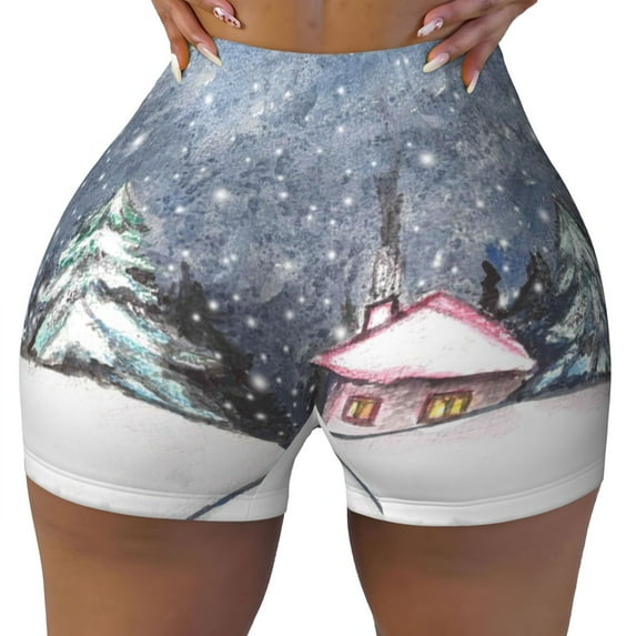 Rocae Watercolor Winter Landscape For Christmas for Women's Quick-Dry Running Shorts,Ladies Active Athletic Apparel Yoga Workout Gym Running Volleyball Spandex Shorts