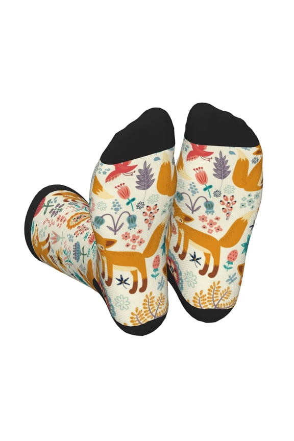 Whimsical Fox Floral Garden for Adult Socks Casual Athletic Stretchy Loose Socks for Women Men Non-Slip Middle Tube Socks