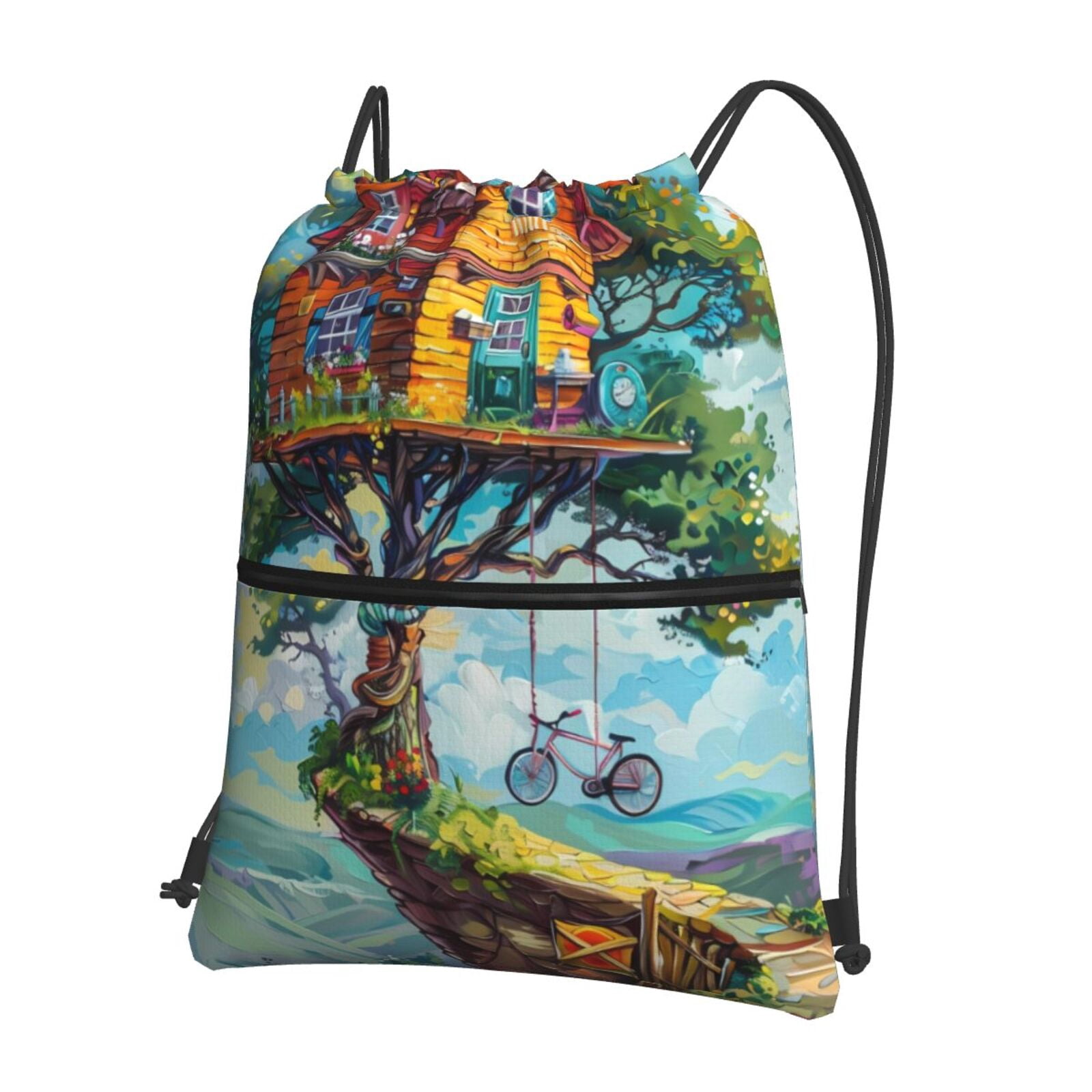 Rocae Whimsical Treehouse Painting for Drawstring zipper Backpack Gym ...