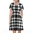 thumbnail image 1 of Rocae White And Black Plaid for Dresses Summer Casual Ruffle Short Sleeve Cute Crew Neck Flowy Dress with Pockets, 1 of 6