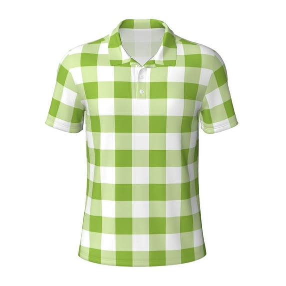 Rocae White Green Plaid for Men's Short Sleeve Polo Shirt, Quick Drying Performance Moisture Wicking Sports Men's Golf Shirt Small