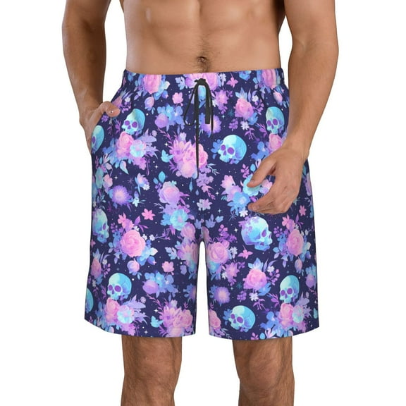 Rocae White Skull Flower for Men's Beach Shorts Casual Elastic Waist Drawstring Summer Beach Shorts,S-3XL-X-Large