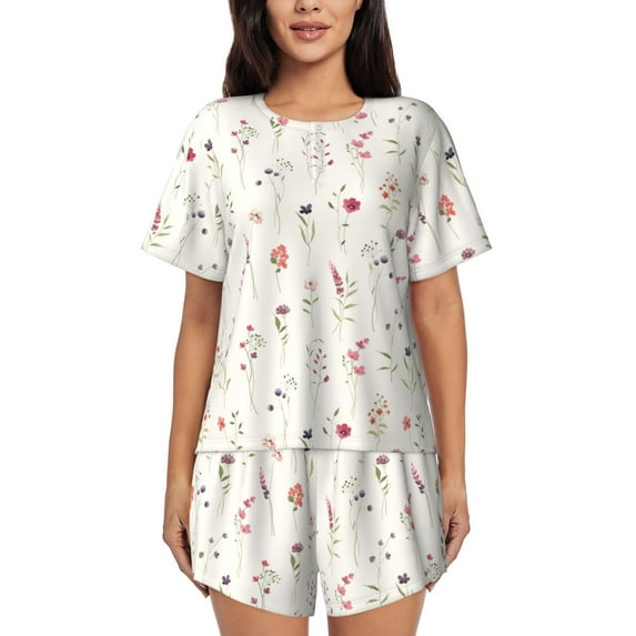 Rocae Wildflower Watercolor for Two Piece Sleepwear Pajamas Sets for Women Soft Short-Sleeved Pjs with Lounge Shorts -Large