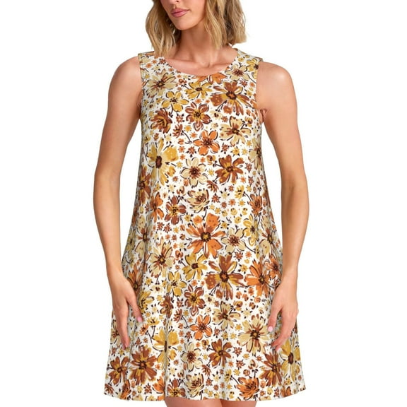 Rocae Wildflowers Vintage for Sleeveless Dresses Summer Casual Ruffle Sleeveless Cute Crew Neck Flowy Dress with Pockets