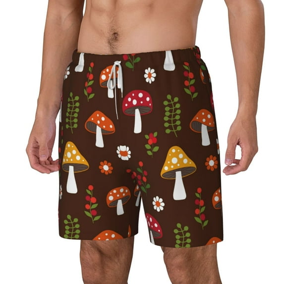 Rocae Woodland Mushroom for Men's Swim Trunks Quick Dry With Two Side Pockets and One Lined Patch PocketLarge