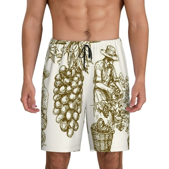 Rocae Workers Cutting Grapes From Vineyard for Men's Soft Sleep Pajama Shorts, Waistband and Pockets-Large