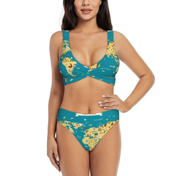 Rocae World Map With Landmarks for Bikini Set for Women Two Piece Sexy High Swimsuits Split Crossover Bikini Small