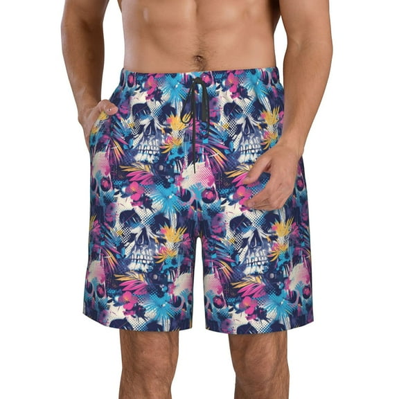 Rocae cool Skull colorful for Men's Beach Shorts Casual Elastic Waist Drawstring Summer Beach Shorts,S-3XL-3X-Large