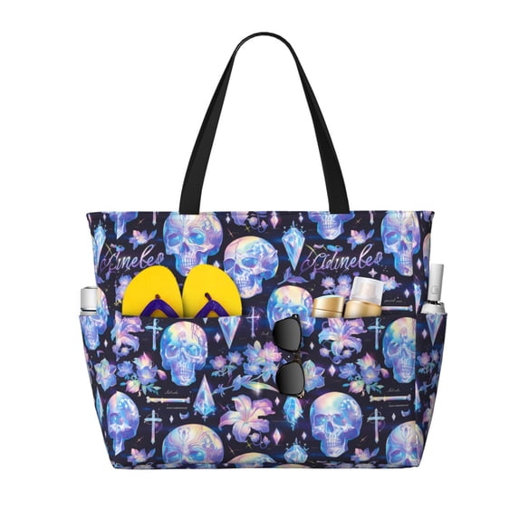 Rocae crystal cool Skull flower for Large Women's Waterproof Beach Bag Tote with 7 Pockets Pool Bag for Travel Gym Vacation