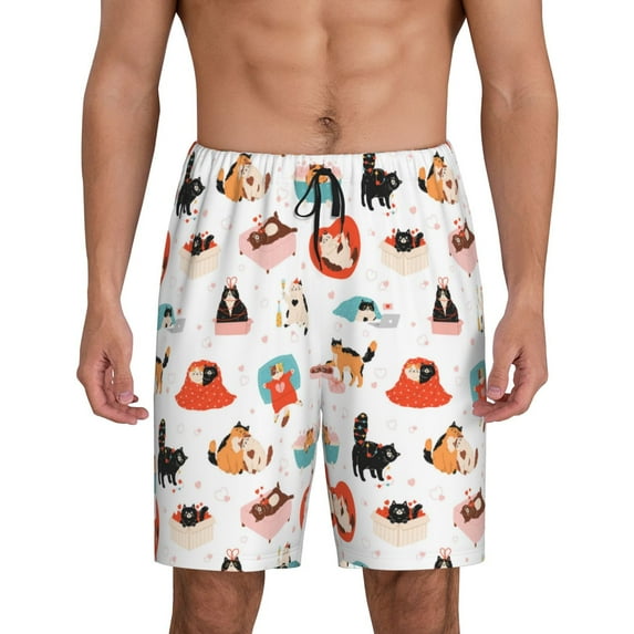 Rocae funny cats celebrating Valentine's Day for Men's Soft Sleep Pajama Shorts, Waistband and Pockets-Small