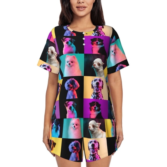 Rocae funny dogs for Two Piece Sleepwear Pajamas Sets for Women Soft Short-Sleeved Pjs with Lounge Shorts-Medium