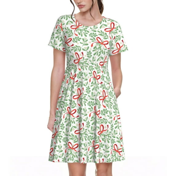 Rocae leaves bows for Dresses Summer Casual Ruffle Short Sleeve Cute Crew Neck Flowy Dress with Pockets