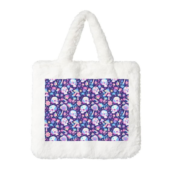 Rocae mushroom rainbow Skull cartoon or Plush Underarm Bag White Furry Purse Handbag for Autumn and Winter