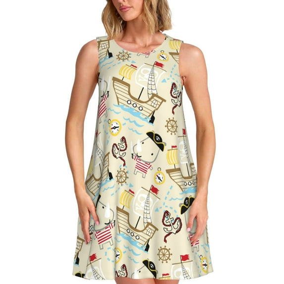 Rocae pirate with sailing for Sleeveless Dresses Summer Casual Ruffle Sleeveless Cute Crew Neck Flowy Dress with Pockets