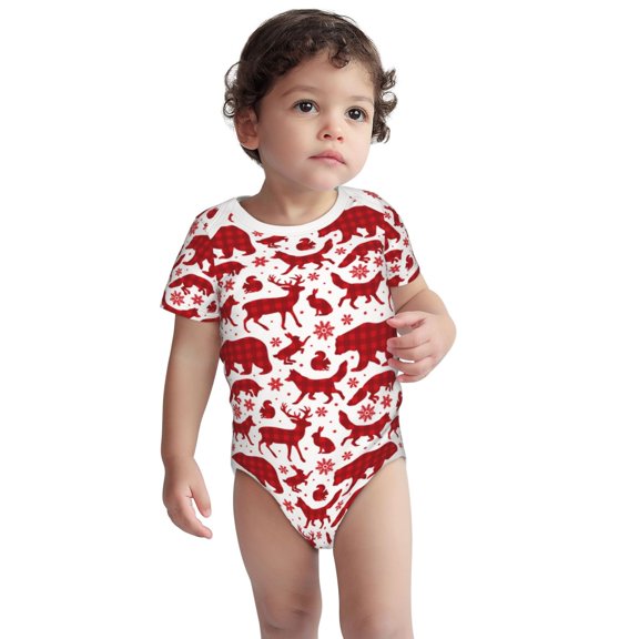 Rocae red plaid Moose Bunny bear for Baby Cotton Short-Sleeve Bodysuits for Unisex Onesies Bodysuit-3 Months