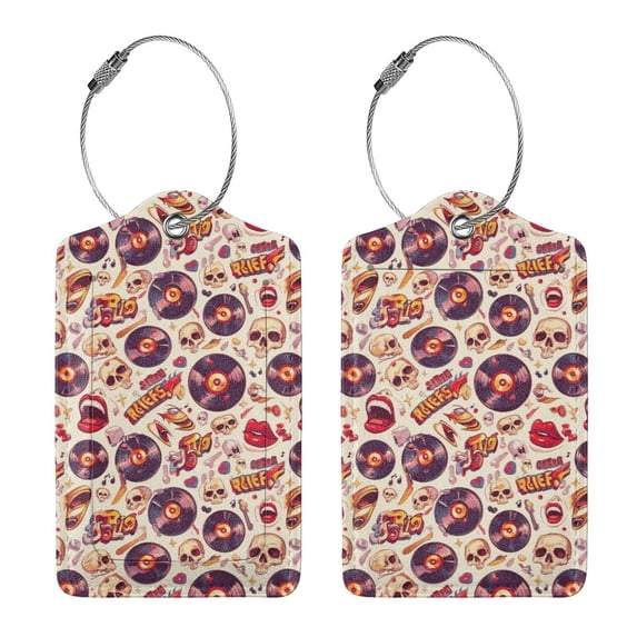 Rocae rock music Skull record for Leather Luggage Baggage Tags ID Label Privacy Cover ID Label with Stainless Steel Loop and Address Card