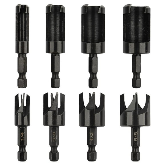 Rocaris 8 Pack Wood Plug Cutter Drill Bit Set, Straight and Tapered Taper Cutting Tool 1/4", 5/8", 3/8", 1/2", 1/4 Inch Hex Shank, Black