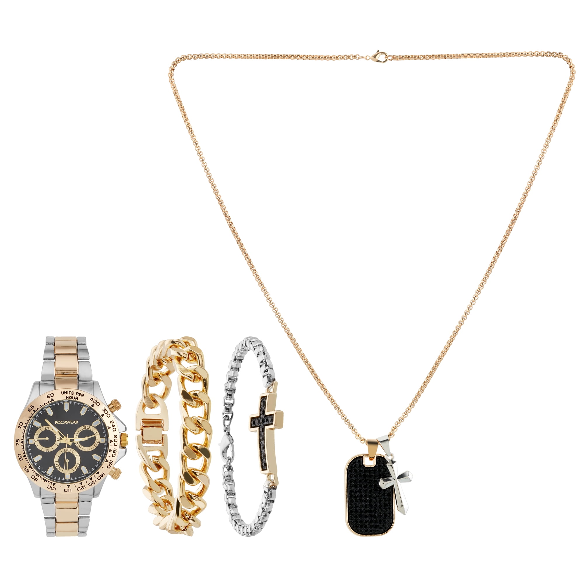 Rocawear Men's Quartz Metal Analog Watch w/ Necklace & Bracelet Set, Matte Black/Two Tone