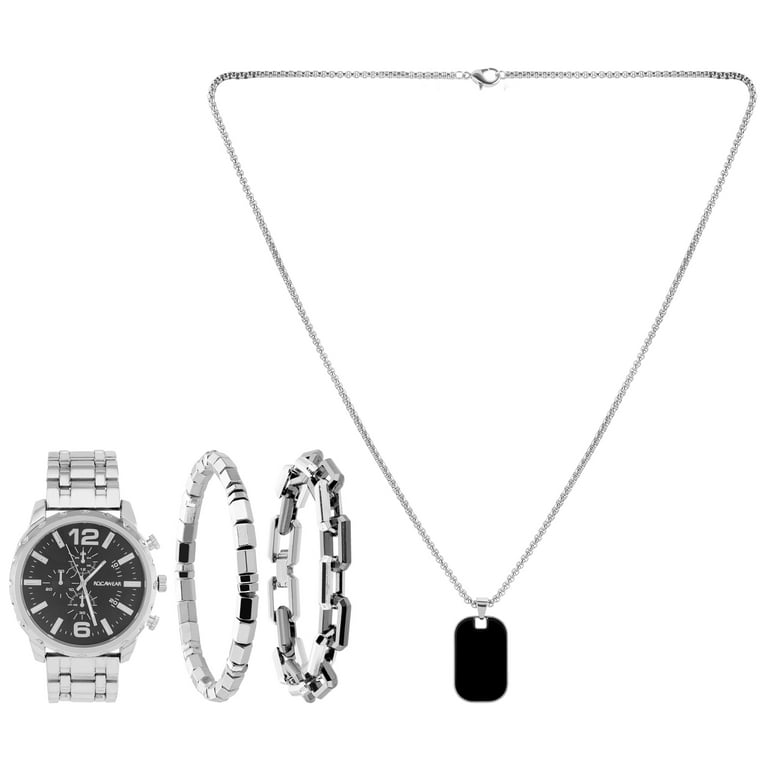 Rocawear Men s Quartz Metal Analog Watch with Dog Tag Necklace Bracelet Set Black Shiny Silver Walmart