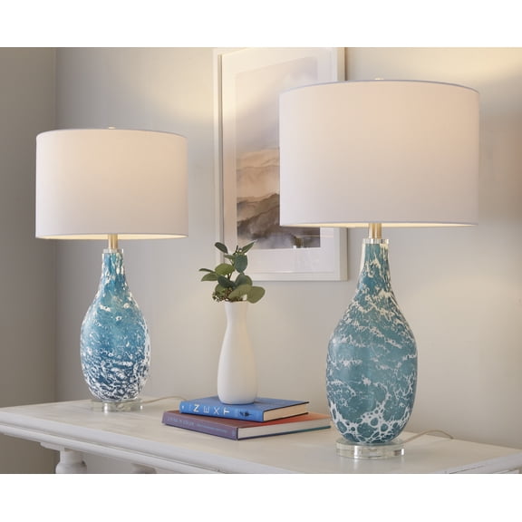 Rocca 29" Contemporary Glass Table Lamp in Sapphire Blue and White Glass, Brushed Nickel, Clear Crystal, and White Linen Shade by LumiSource - Set of 2