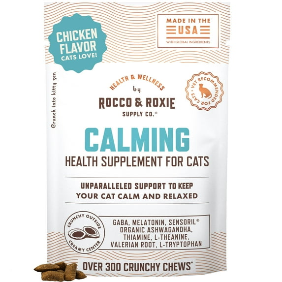Rocco & Roxie Cat Calming Treats with Melatonin for Cats, Stress and Anxiety Relief, Keep Calm for Grooming, Travel, or Vet Visits, Aid Sleep with Organic Ashwagandha and GABA, Chicken Flavored Chews