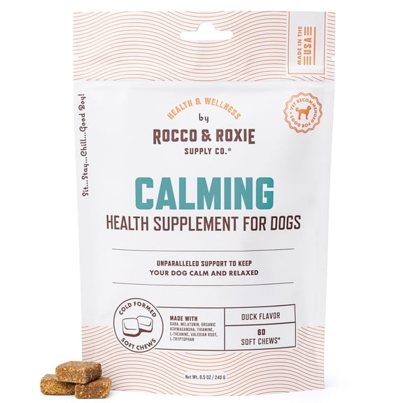 Rocco & Roxie Calming Chews for Dogs, Dog Anxiety Relief for Separation & Stress, Sleep Aid with Melatonin & Valerian for Large, Med, Small Dogs, Puppy Composure Treats, Supplements, 60ct