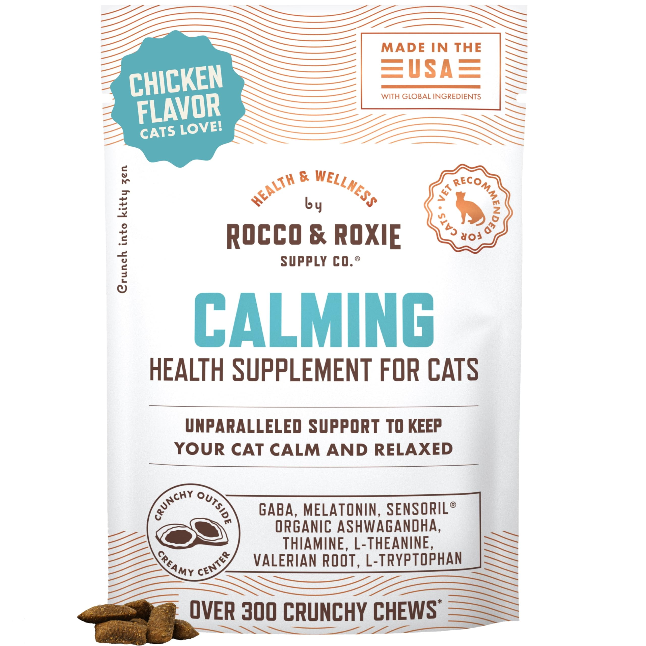 Rocco & Roxie Cat Calming Treats ATT1with Melatonin for and Anxiety Relief, Keep Calm for Grooming, Travel, or Vet Visits, Aid Sleep with Organic Ashwagandha and GABA, Chicken Flavored Chews
