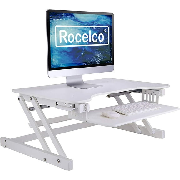 Rocelco 32" Height Adjustable Standing Desk Converter - Quick Sit Stand Up Dual Monitor Riser - Gas Spring Assist Tabletop Computer Workstation - Large Retractable Keyboard Tray - White (R ADRW)