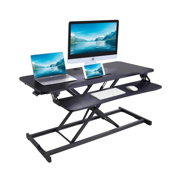 Rocelco 43" Tall Height Adj Standing Desk Converter w Tablet Slot - Black Steel