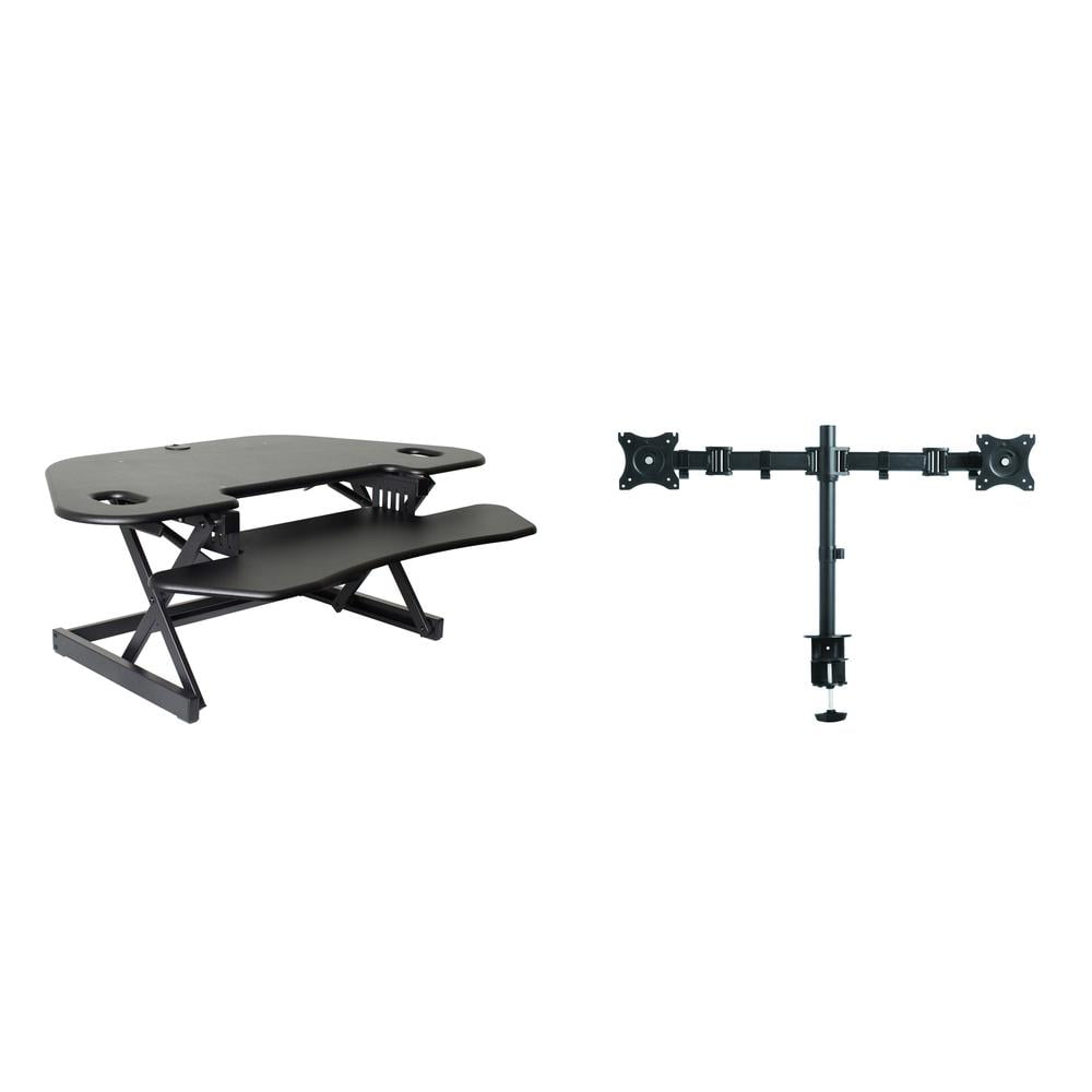 Rocelco 46" Height Adjustable Corner Standing Desk Converter with Dual Monitor Arm BUNDLE | Quick Sit Stand Up Computer Workstation Riser | Extra Large Keyboard Tray | Black (R CADRB-46-DM2)