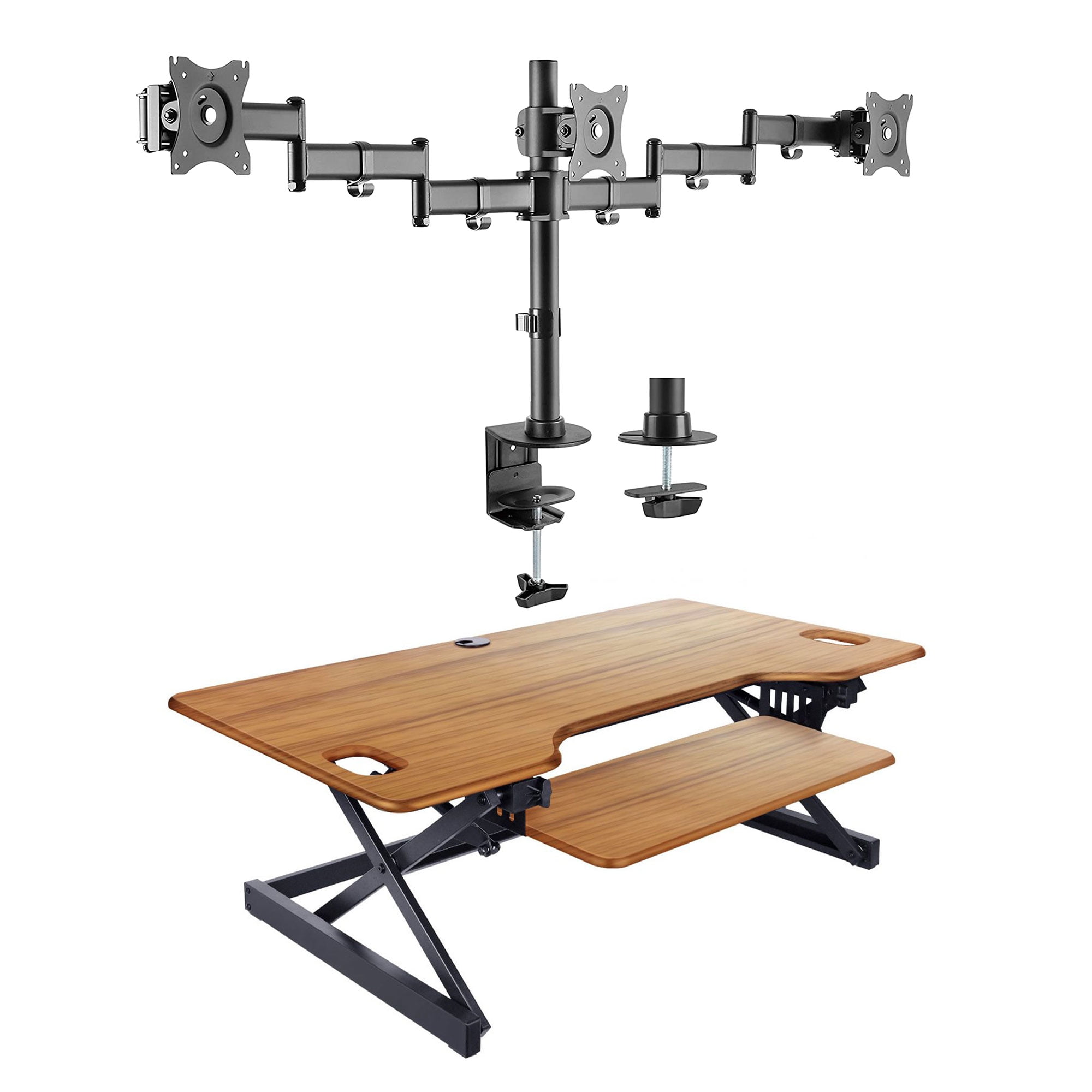 Teak Laminated 46" Wide Adjustable Desk Converter with Triple Monitor Support