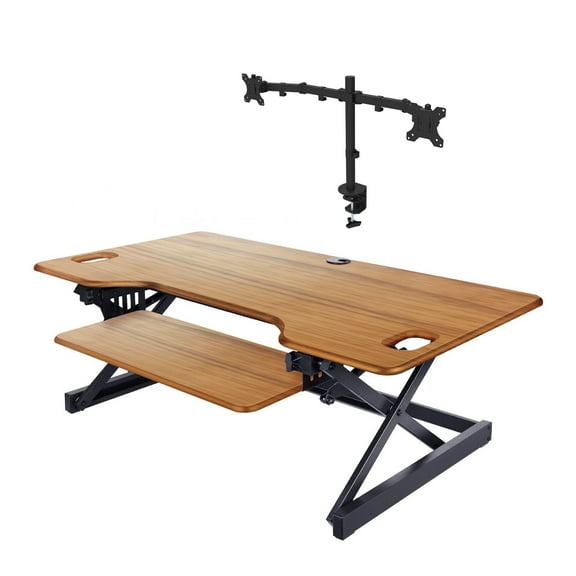 Rocelco 46 Inch Standing Desk Converter, Teak and Dual Monitor Desk Mount
