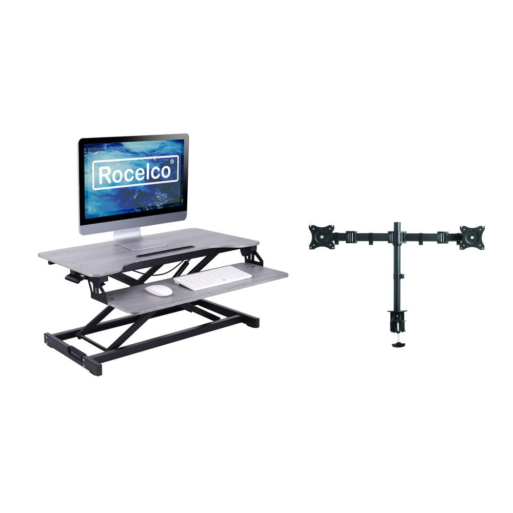 Rocelco Standing Desk Converter w/Dual Monitor Arm 31.5 in w/Tablet Holder Gray