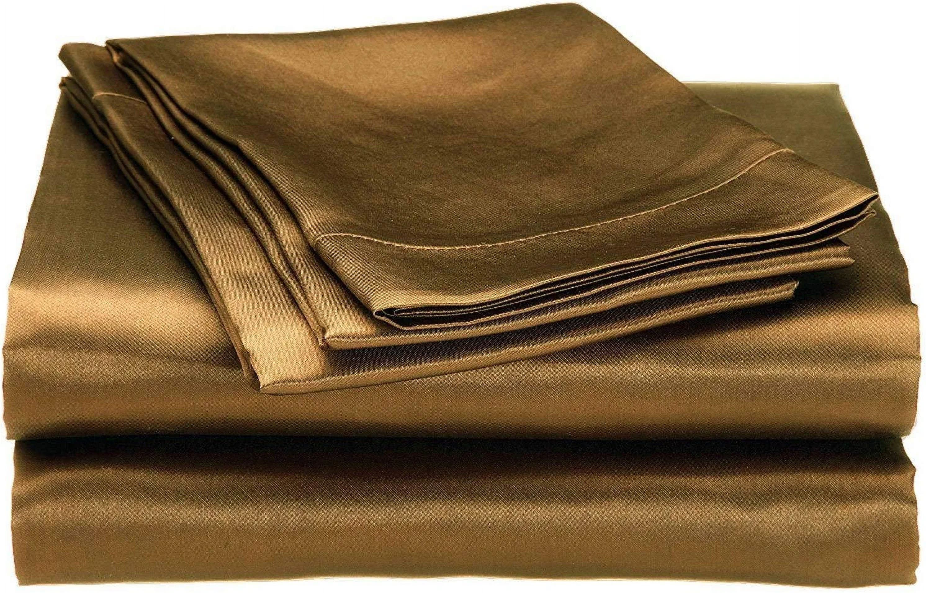 Roch Linen 100% Luxury Silk Satin Sheet Set 4pcs, Silk Fitted Sheet,Silk Flat Sheet&Silk Pillowcases (Brown,King)