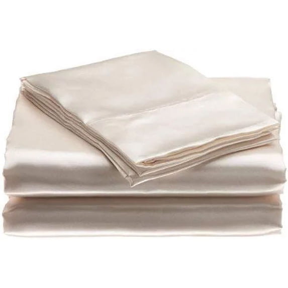 Roch Linen 100% Luxury Silk Satin Sheet Set 4pcs, Silk Fitted Sheet,Silk Flat Sheet&Silk Pillowcases (Ivory,King)