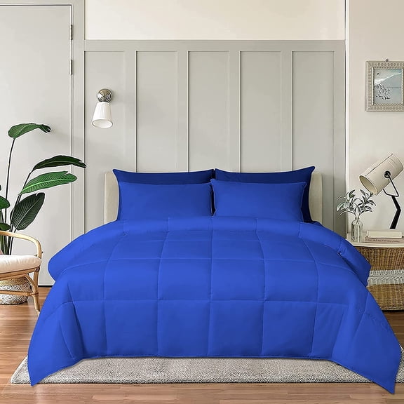 Roch Linen Lightweight All Season Down Alternative Comforter - 100% Cotton and Soft Quilted Duvet Insert, Cooling Comforter for Warm Weather/Hot Sleepers -(Full/Queen, Royal Blue)